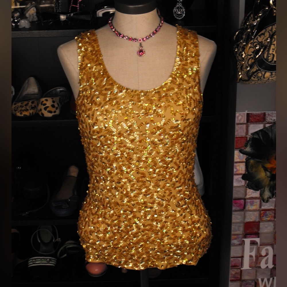 NWT Jane Blue Gold Sequin Tank Top
